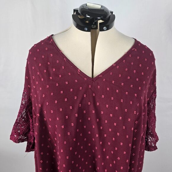 Bloomchic Blouse Women's 3X Purple Fabric Polka Dot Lace Short Sleeve Blouse NWT - Picture 2 of 14